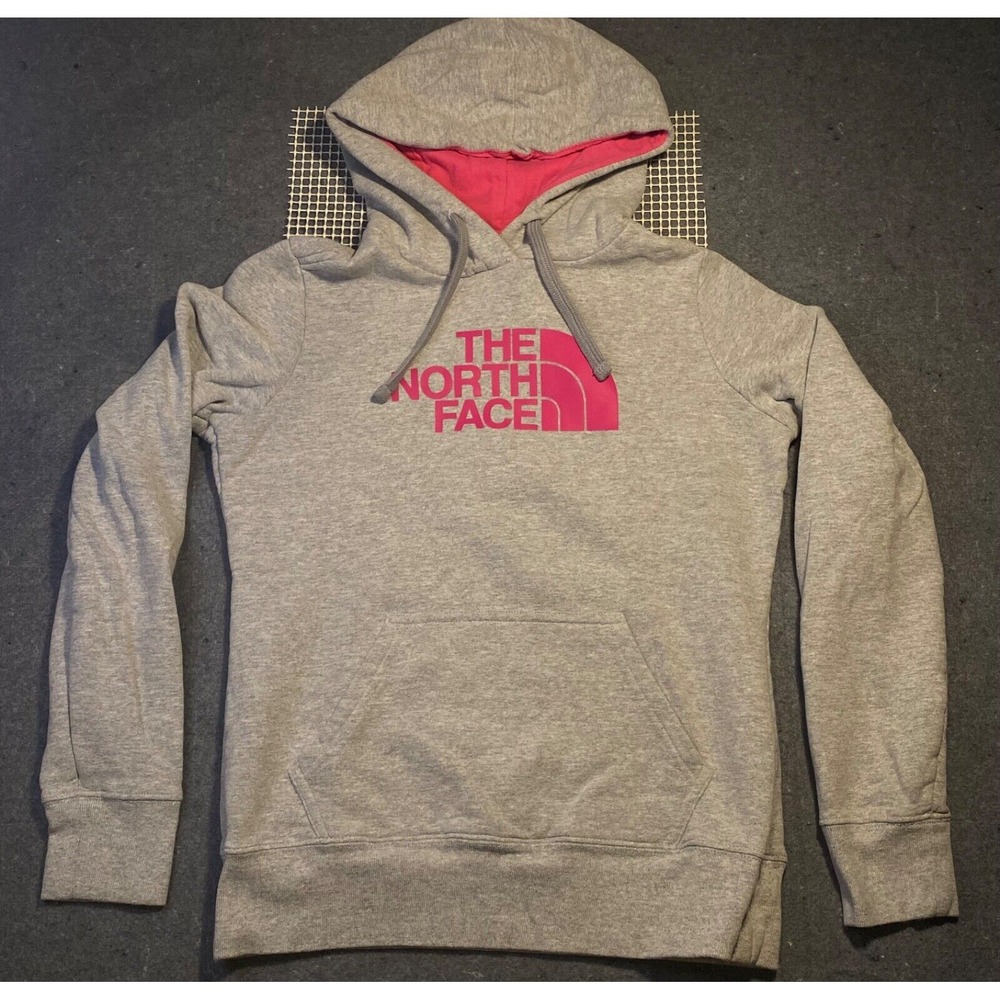 NORTH FACE HOODIE women's SMALL GRAY Pink Fleece Pullover Sweater LONG SLEEVE